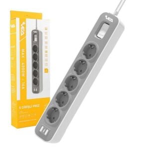 VEA VE-NOVA105 A Class Gri Akım Korumalı Grup Priz 5'Li 1.5 Metre Anahtarlı (Made in Malaysia)