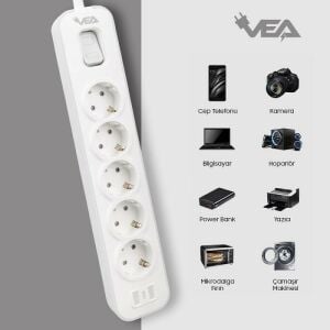 VEA VE-NOVA105 A Class Gri Akım Korumalı Grup Priz 5'Li 1.5 Metre Anahtarlı (Made in Malaysia)