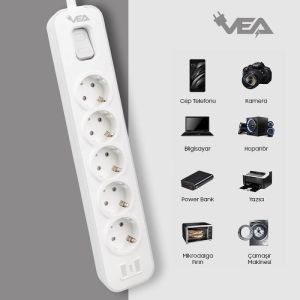 VEA VE-NOVA105 A Class Gri Akım Korumalı Grup Priz 5'Li 1.5 Metre Anahtarlı (Made in Malaysia)
