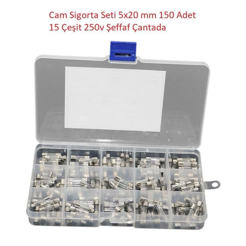 Cam Sigorta Seti 5x20 mm 150 Adet 15 Çeşit 250v Şeffaf Çantada
