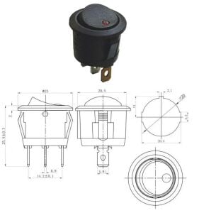 Anahtar Yuvarlak Siyah NOKTA LED KIRMIZI Işıklı 3 Pin 20a ( 12V ) Kcd1-5 / Ic-133 ( Kalıcı Tip )