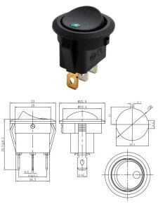 Anahtar Yuvarlak Siyah NOKTA LED YEŞİL Işıklı 3 Pin 20a ( 12V ) Kcd1-8 / Ic-132a ( Kalıcı Tip )