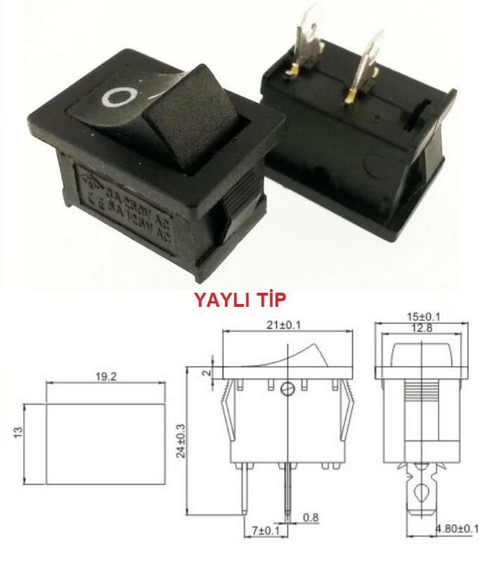Buton Mini Siyah On Off ( On Mom ) Işıksız 2 Pin 6a 250v Kcd1-2 / Ic-124 ( Yaylı Tip)