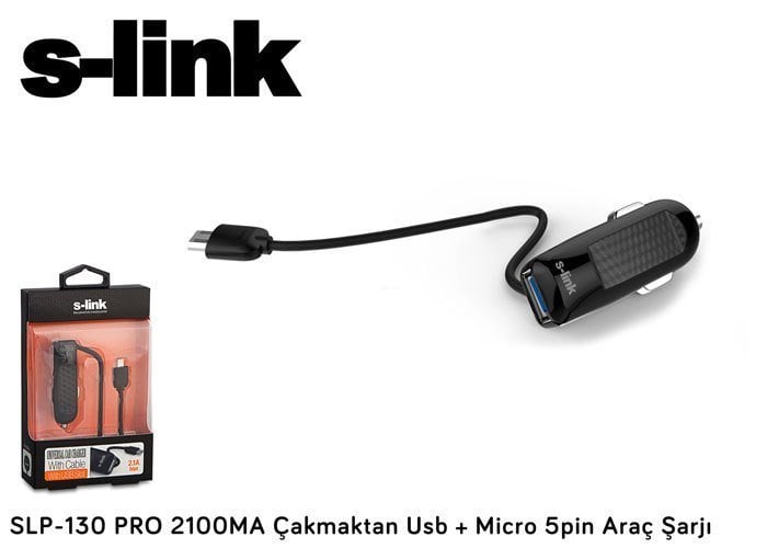 S-LİNK SLP-130 ÇAKMAK Mini Araç USB  Şarj Cihazı Siyah 2100MA KABLOLU