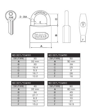 Kale KD001/10-250 50mm Sarı Asma Kilit