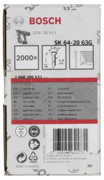 Bosch - Başsız Çivi 20ᵒ 63 mm Galvanizli 2000li