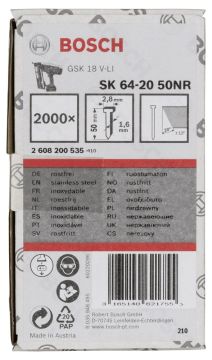 Bosch - Başsız Çivi 20ᵒ 50 mm Paslanmaz 2000li