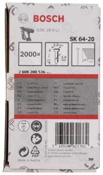 Bosch - Başsız Çivi 20ᵒ 63 mm Paslanmaz 2000li