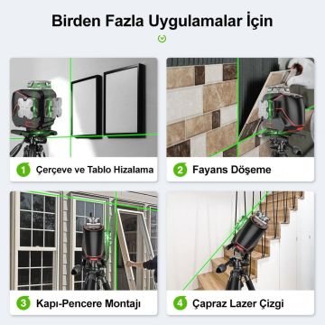 KOBB KBL36GTP Profesyonel Li-ion Şarjlı 4X360⁰ LCD Ekran Otomatik Hizalamalı Yeşil Çapraz Çizgi Lazer Distomat + Uzaktan Kumanda + Tripod + Taşıma Çantası