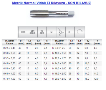 EVAR 352/C-M8 Metrik Normal Vidalı El Kılavuzu SON KILAVUZ