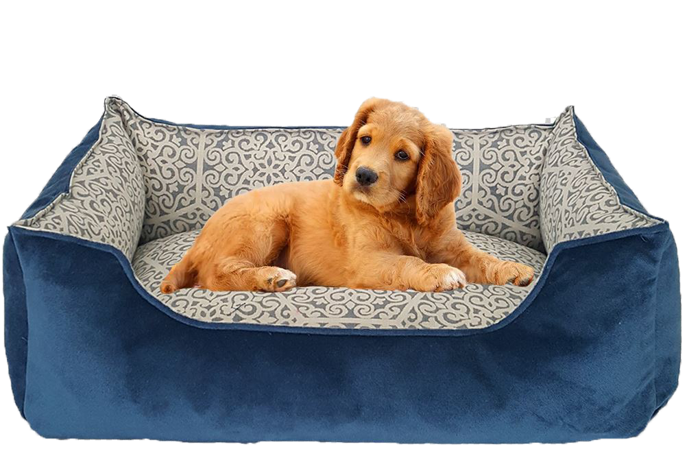 FUL-TASARIM TAY TÜYÜ KÖŞELİ KÖPEK YATAĞI ( Gri renk Desenli / Lacivert Çift Taraflı Kullanılabilir, Tırmalamalara Karşı Ekstra Dayanıklı)