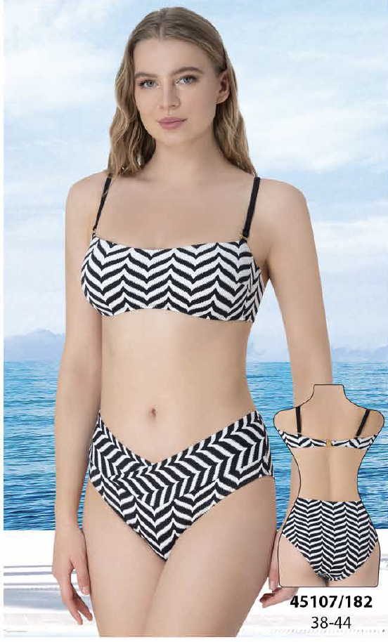Siyah Beyaz Geometrik Desenli Yüksek Bel Bikini Takımı