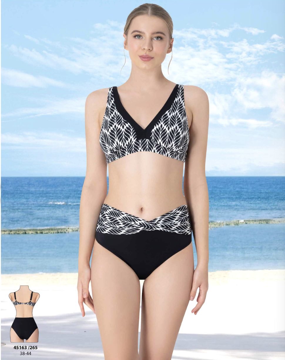 Siyah Beyaz Yaprak Desenli Yüksek Bel Bikini Takımı