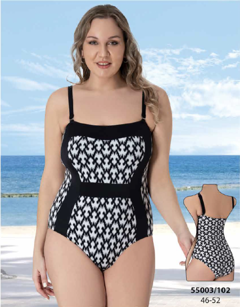 Siyah Beyaz Desenli Büyük Beden Kadın Mayo