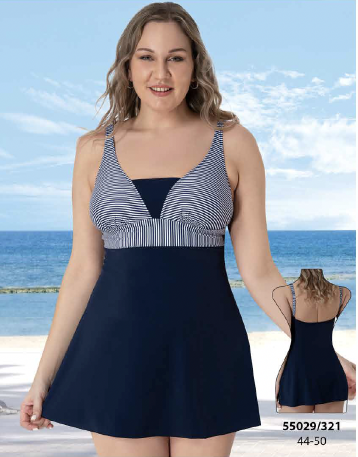 Lacivert Çizgili Büyük Beden Etekli Mayo