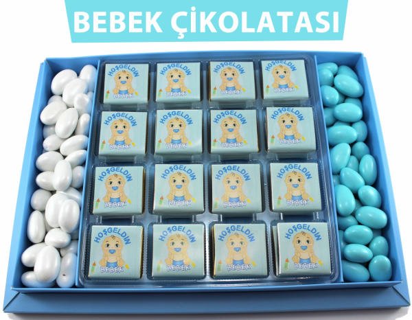 Dark Brown Hoşgeldin Bebek Çikolatası 48 Madlen ve Badem Drajeli Erkek Bebek Doğum Hediyesi