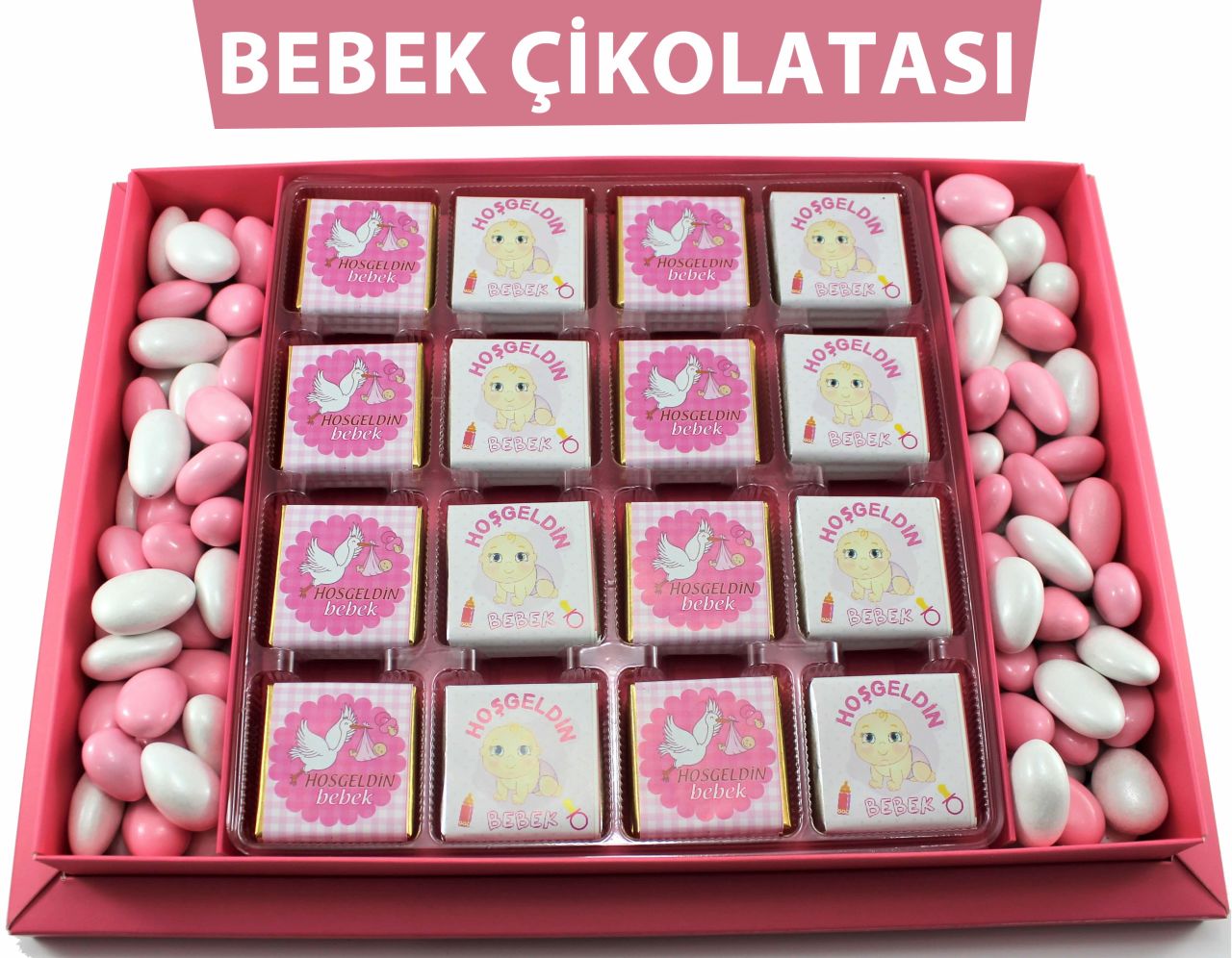 Dark Brown Hoşgeldin Bebek Çikolatası 48 Madlen ve Badem Drajeli Kız Bebek Doğum Hediyesi