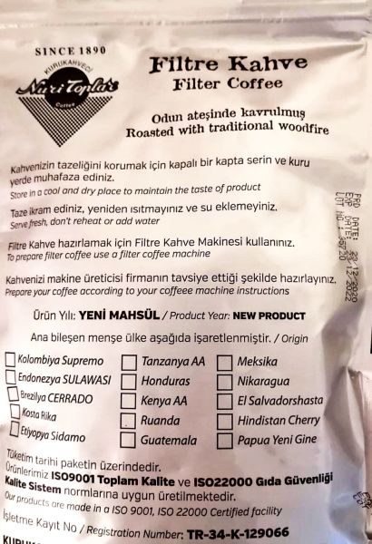 Nuri Toplar Filtre Kahvesi Colombia Supremo Kahve Çekirdeği - Odun Ateşinde Kahve 250 Gr - V60