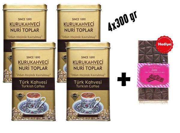 Nuri Toplar Türk Kahvesi Kare Metal Kutuda 4x300 Gr ve Hediye Çikolata