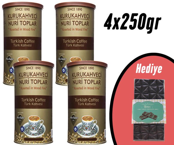Nuri Toplar Türk Kahvesi Yuvarlak Metal Kutu 4x250 Gr ve Hediye Çikolata