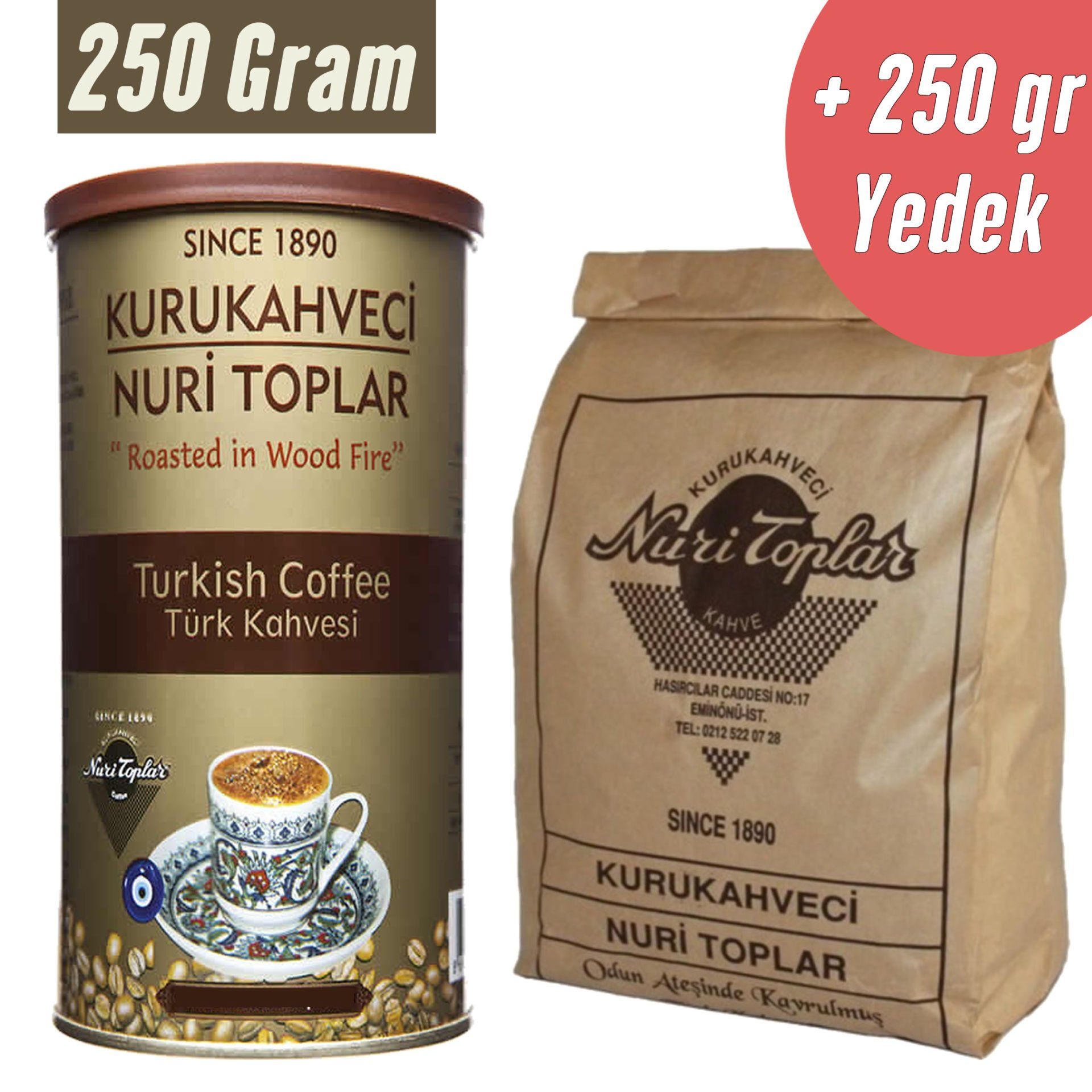 Nuri Toplar Türk Kahvesi Metal Kutu ve Günlük Taze Çekim Yedek 500 Gram