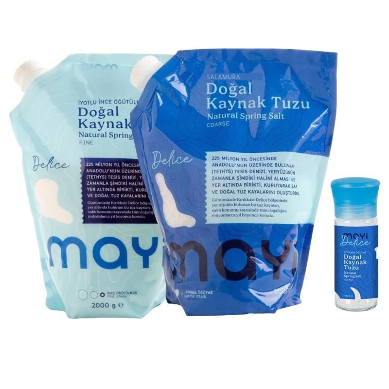 Mayi Tuz Mayi Doğal Iyotlu Ince Kaynak Tuzu 3'lü Paket(2 KG İYOTLU 2 KG SALAMURA DEĞİRMEN)