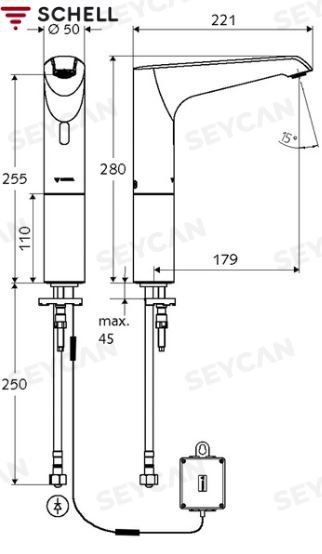 SCHELL Xeris E Çift Su Girişli Pilli Çanak Tipi Fotoselli Lavabo Bataryası