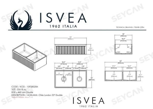 İsvea Ledro 84 cm Çift Hazneli Seramik Evye