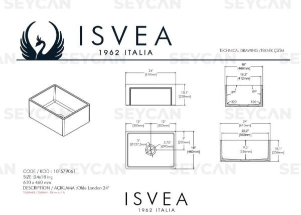 İsvea Ravenna 61 cm Tek Hazneli Seramik Evye