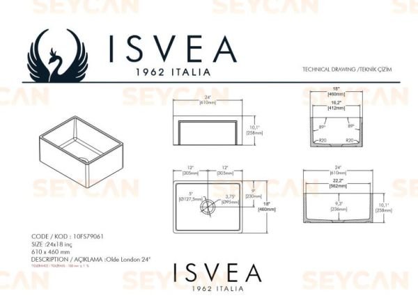 İsvea Ravenna 61 cm Tek Hazneli Seramik Evye Fildişi