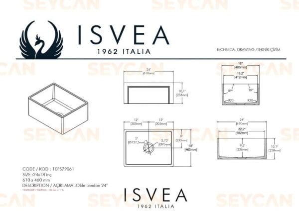 İsvea Ravenna 61 cm Tek Hazneli Seramik Evye Siyah