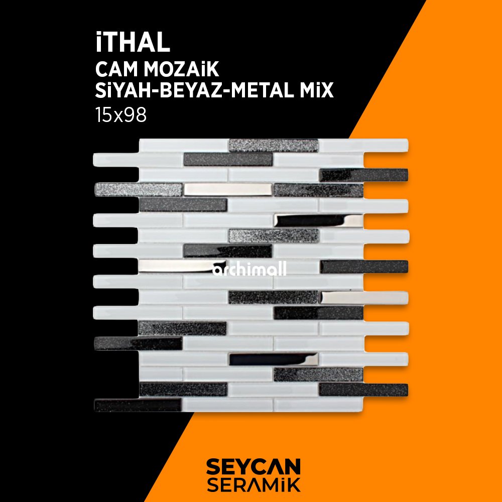 İthal Cam Mozaik 4 mm Siyah Beyaz Mix 20*98 mm