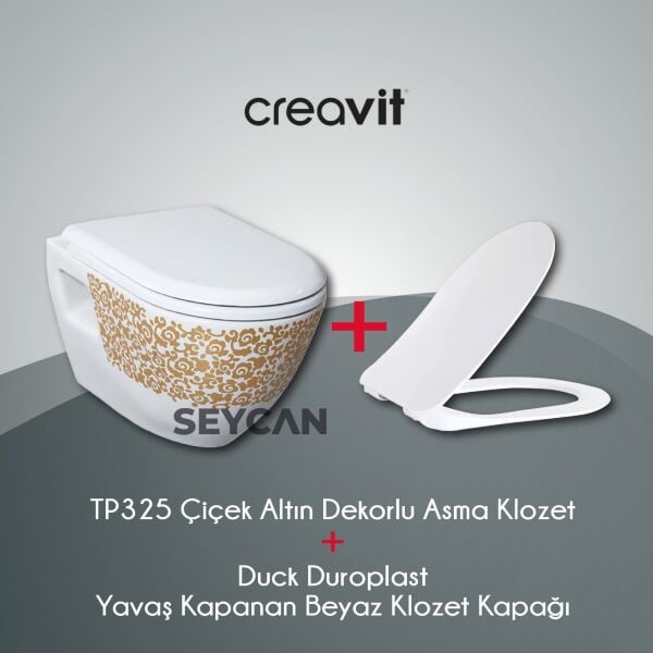 Creavit TP325 Floral Gold Hanging Toilet Seat + Duck Duroplast Soft Seat Cover