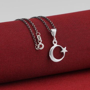 Çift Taraflı Ay Yıldız 925 Ayar Gümüş Kadın Kolye