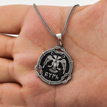 Çift Başlı Kartallı Türk Yazılı Erkek Gümüş Kolye