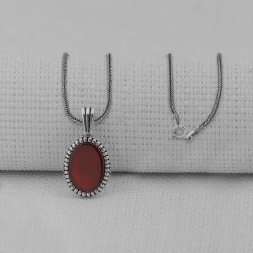 Kırmızı Akik Taşlı Oval 925 Ayar Erkek Gümüş Kolye