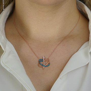 925 Ayar Gümüş Turkuaz Taşlı Çift Vav Elif Kolye