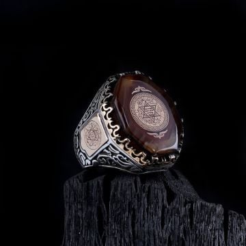925 Ayar Gümüş Kehribar Taşı Üzerine Hz Süleyman Mührü Erkek Yüzük