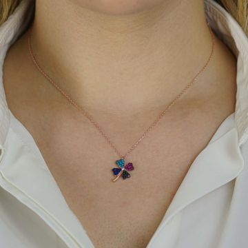 Dört Yapraklı Yonca Tasarımlı Renkli 925 Ayar Gümüş Kadın Kolye