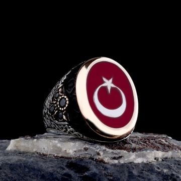 925 Ayar Gümüş Kırmızı Mineli Ayyıldız Model Erkek Yüzük