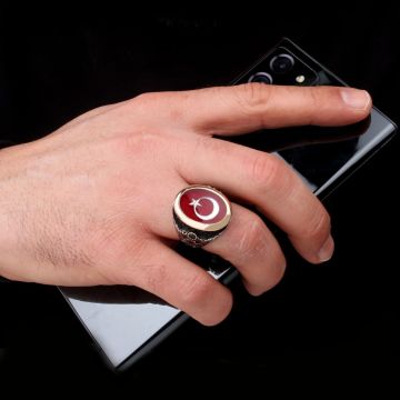 925 Ayar Gümüş Kırmızı Mineli Ayyıldız Model Erkek Yüzük