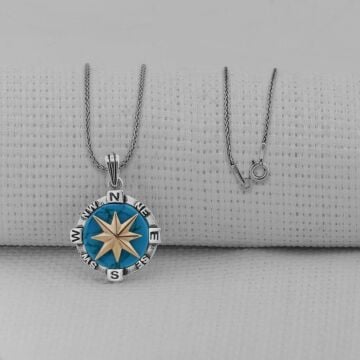 Turkuaz Taşlı Pusula 925 Ayar Erkek Gümüş Kolye