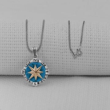 Turkuaz Taşlı Pusula 925 Ayar Erkek Gümüş Kolye