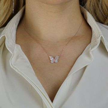 Sedef Taşlı Kelebek Tasarımlı 925 Ayar Gümüş Kadın Kolye Rose