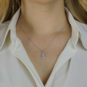 Çapa Tasarımlı Beyaz Zirkon Taşlı 925 Ayar Gümüş Kadın Kolye