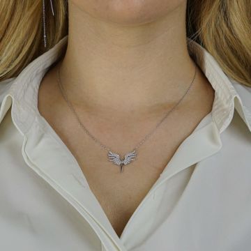Melek Tasarımlı Beyaz Zirkon Taşlı 925 Ayar Gümüş Kadın Kolye Büyük Boy