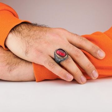 925 Ayar Gümüş Yakut (Ruby) Taşlı  Erkek Yüzük