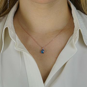 Damla Tasarımlı Mavi Zirkon Taşlı 925 Ayar Gümüş Kadın Kolye Rose