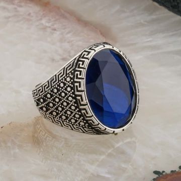 Oval Mavi Zirkon Taşlı Gümüş Erkek Yüzük
