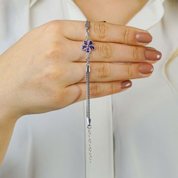 Mor Ametist Renkli Çiçek Tasarımlı 925 ayar Gümüş Bileklik